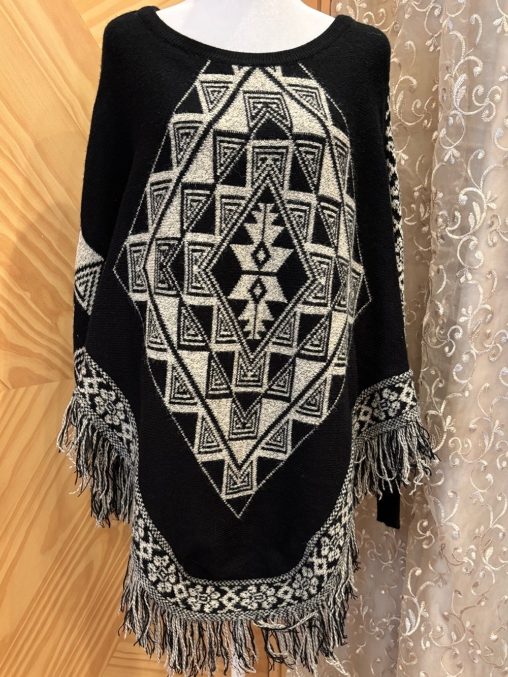 Olivia Sky Black & Cream Geometric Fringe Poncho